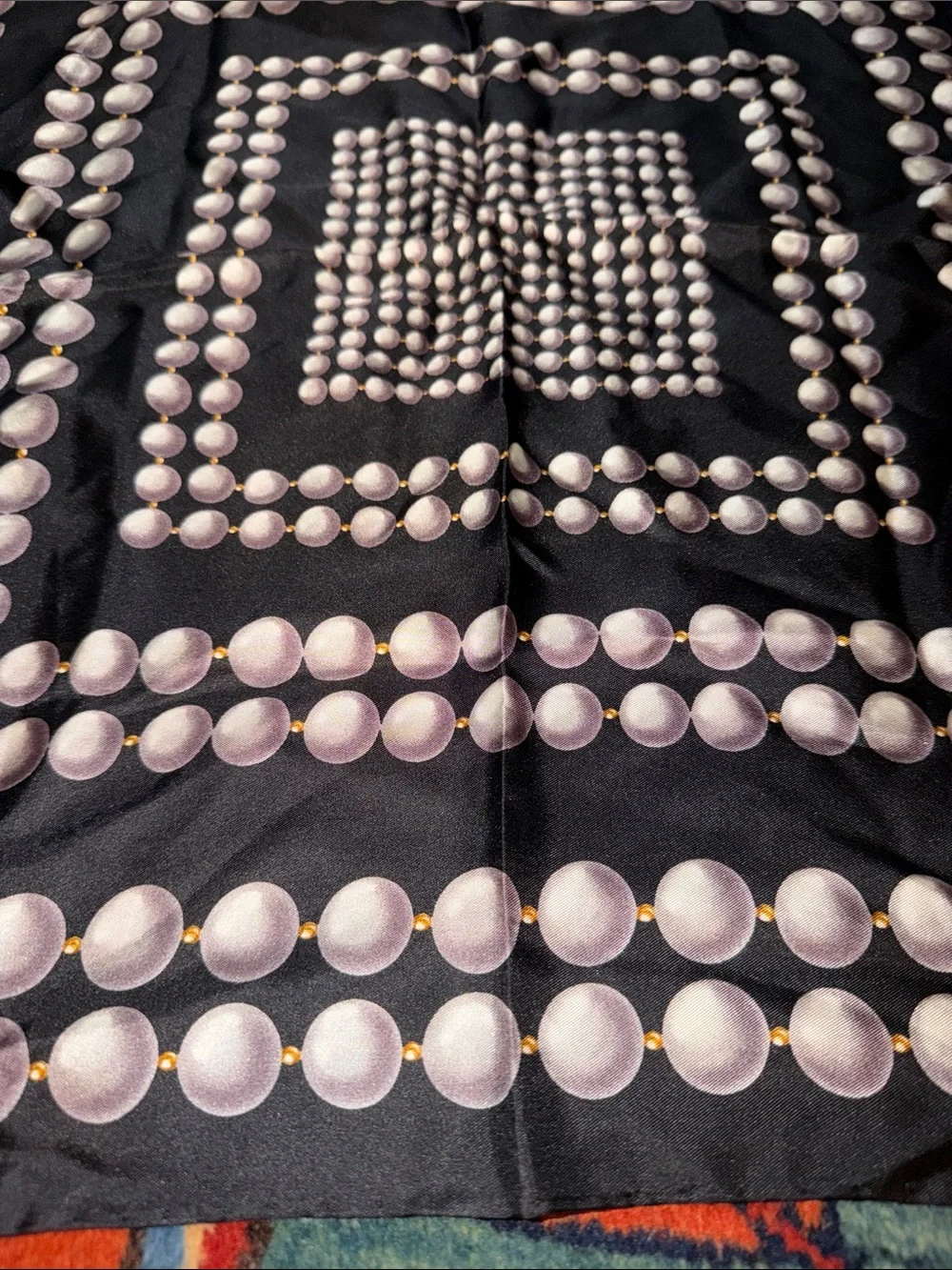 Vintage Talbots New Black and Pearl Pattern Decorative Scarf 100% Silk